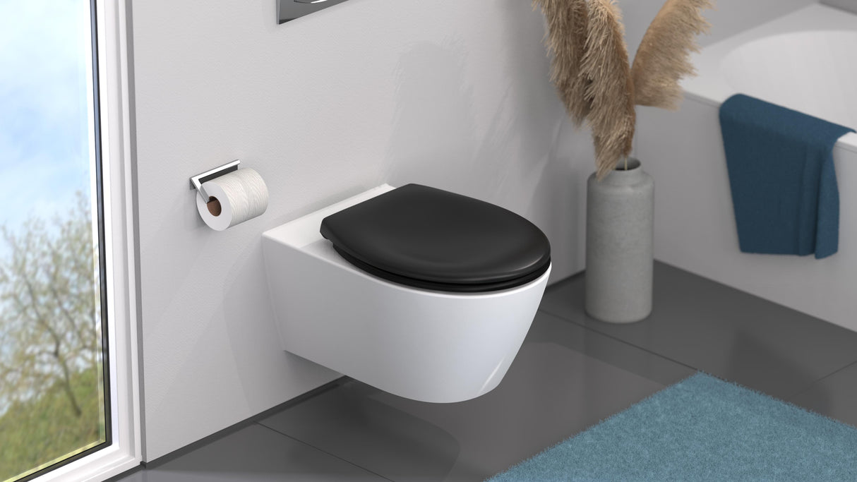 Mattsvart toalettsits universal i Duroplast - BĂST. CC-mĂ„tt: 89-191mm LĂ€ngd: 415-455mm Bredd: 371mm.