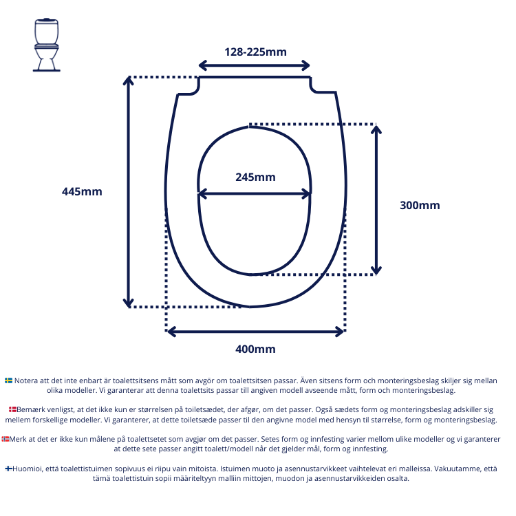 Vit toalettsits universal - BRA. CC-mått: 128-225mm. Längd: 445mm. Bredd: 400mm.