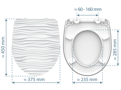 Högblank mönstrad toalettsits universal i Duroplast - BÄST. CC-mått: 60-160mm Längd: 435-490mm Bredd: 374mm.